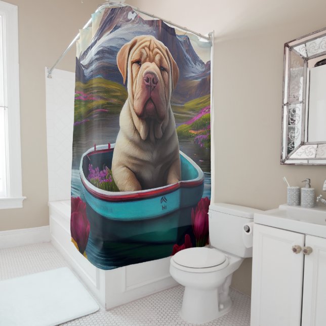 Sharpei on a Paddle: A Scenic Adventure Shower Curtain (In Situ)