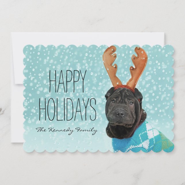 Sharpei Reindeer Holiday Card (Front)