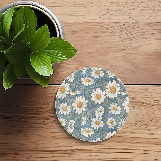 Shasta Daisy Art Nouveau Coaster (Art Nouveau Shasta Daisy design on a sandstone coaster. Design inspired by William Morris.)