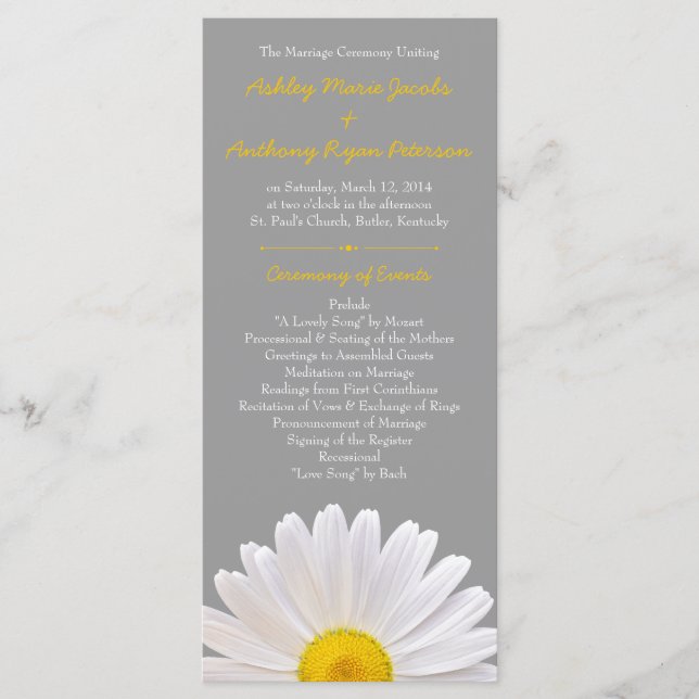 Shasta Daisy Flower Yellow Grey Wedding Program Programme (Front)