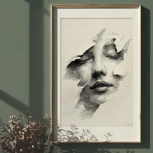 Shattered Serenity: Intricate Monochrome Face Poster