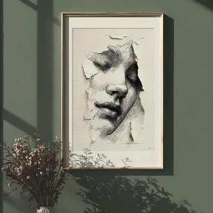 Shattered Serenity: Monochrome Line Art Face Poster