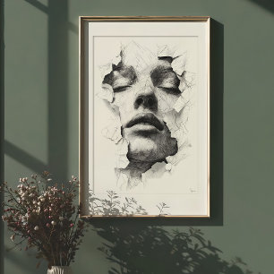 Shattered Serenity: Monochrome Line Art Face Poster