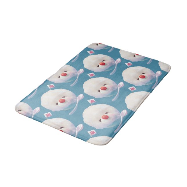 Shaved Ice Pup: Smiling Bichon Summer Dessert Bath Mat (Angled)