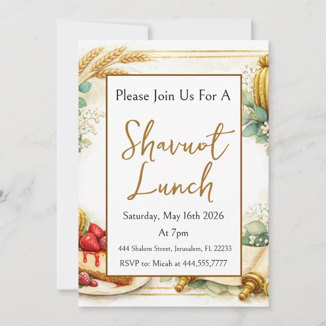 Shavuot Cheesecake, Torah scroll, Eucalyptus Invitation (Front)