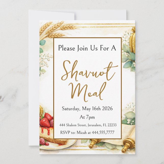 Shavuot Wheat stalks, Cheesecake, Torah Scroll Invitation (Front)