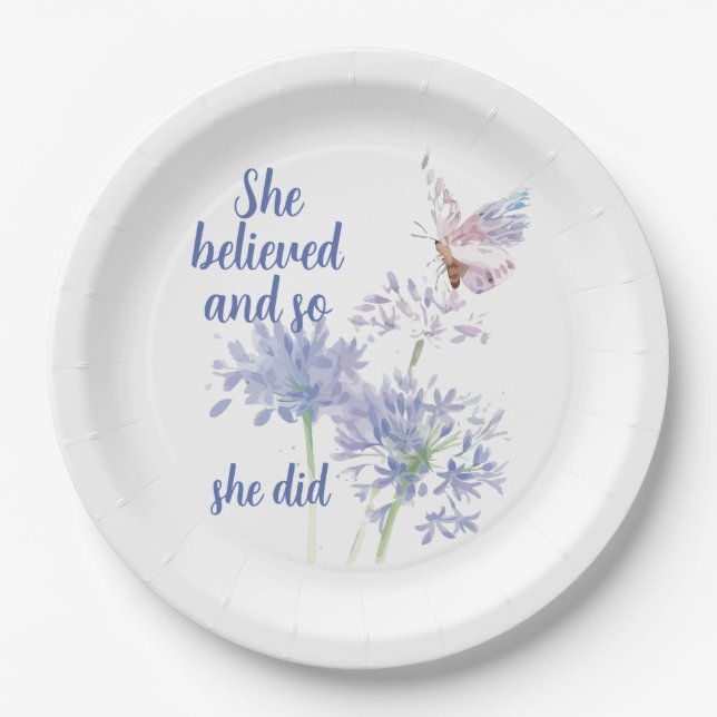 "She believed and so Motivational Quote Butterfly Paper Plate (Front)