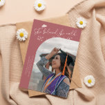 She Believed Pink Graduate Curved Photo Announcement<br><div class="desc">Modern and whimsical graduation announcement photo card featuring a curved photo on the front and 1 on the back. The text says "She believed she could,  so she did" with hand drawn stars and a graduation cap. Add the graduate's name,  information,  and message to personalize this card. Pink background.</div>