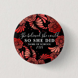 She Believed She Could Black and Red Flower Floral 3 Cm Round Badge