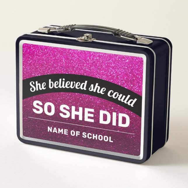 She Believed She Could Black Pink Glitter Sparkles Metal Lunch Box (Front)