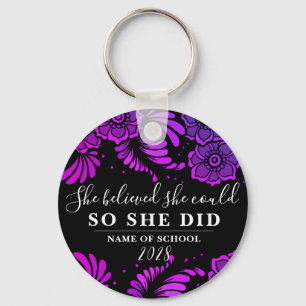 She Believed She Could Black Purple Flower Floral Key Ring