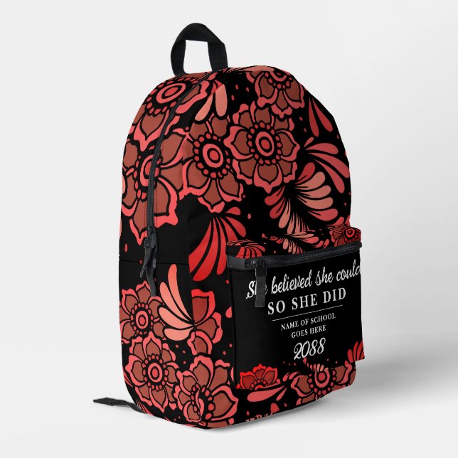 She Believed She Could Black Red Flowers Floral Printed Backpack (Back Corner Left)