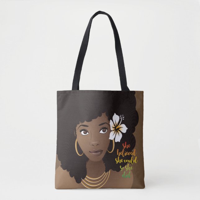 She Believed She Could, Black Woman, Flower, Brown Tote Bag (Front)