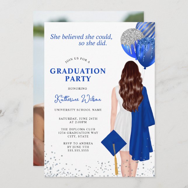 She Believed She Could Blue Photo Graduation Invitation (Front/Back)
