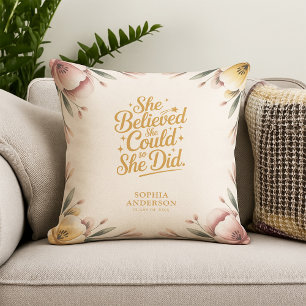 She Believed She Could   Elegant Floral Grad Name Cushion