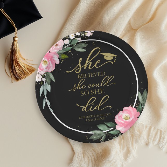 She Believed She Could So She Did Grad Party Black Paper Plate (Creator Uploaded)