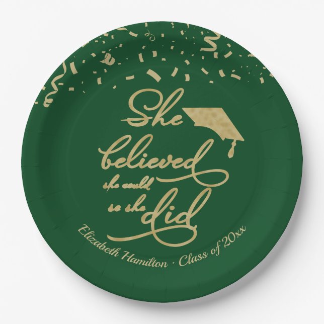 She Believed She Could So She Did Grad Party Green Paper Plate (Front)