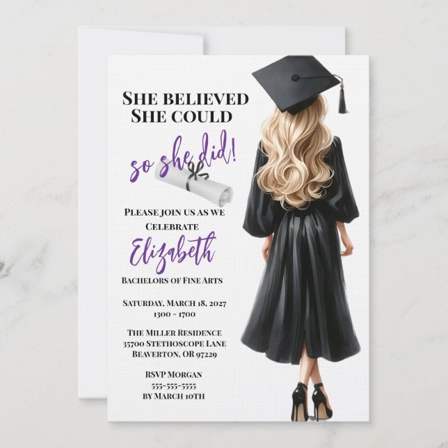 She Believed She Could So She Did Graduation Invitation (Front)