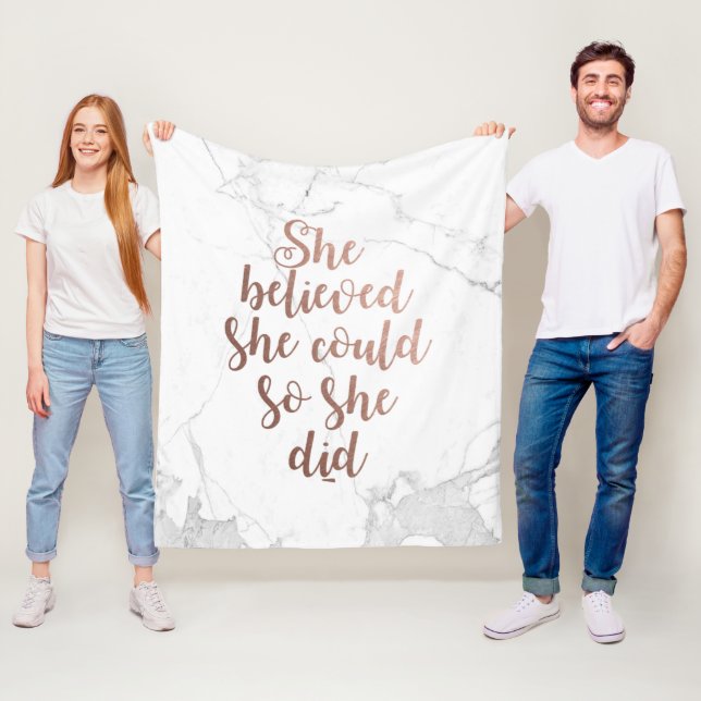 "She Believed She Could So She Did" Rose Gold Fleece Blanket (In Situ)