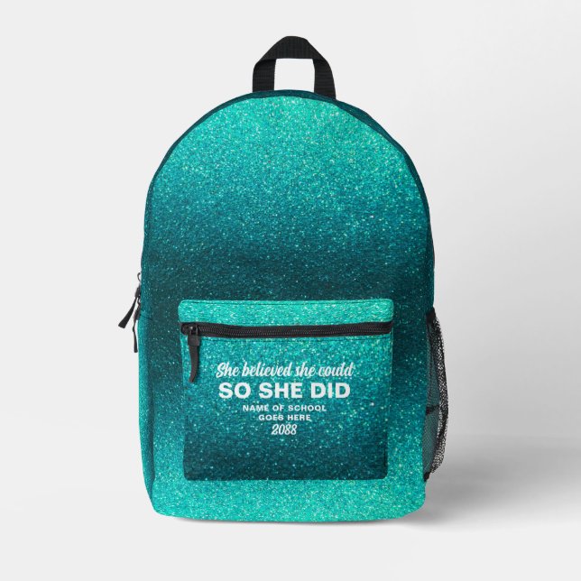 She Believed She Could Turquoise Glitter Sparkles Printed Backpack (Front)