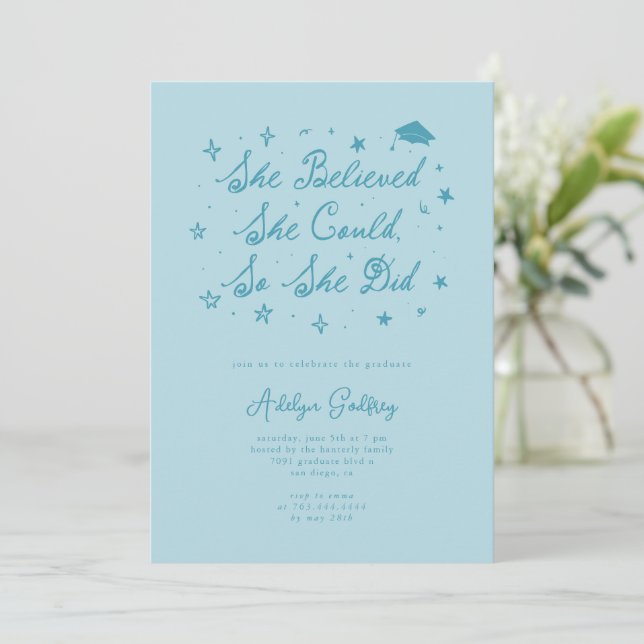 She Believed Typography Turquoise Grad Party Invitation (Standing Front)