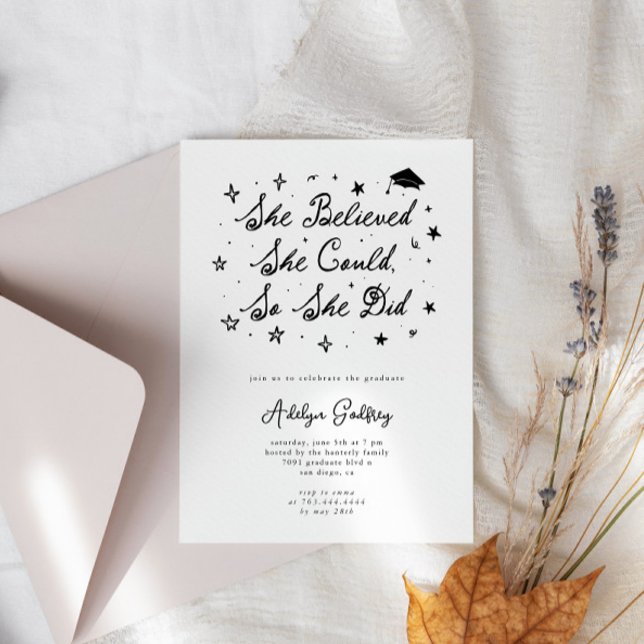 She Believed Typography White Graduation Party Invitation (Creator Uploaded)