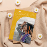 She Believed Yellow Graduate Curved Photo Announcement<br><div class="desc">Modern and whimsical graduation announcement photo card featuring a curved photo on the front and 1 on the back. The text says "She believed she could,  so she did" with hand drawn stars and a graduation cap. Add the graduate's name,  information,  and message to personalize this card. Yellow background.</div>