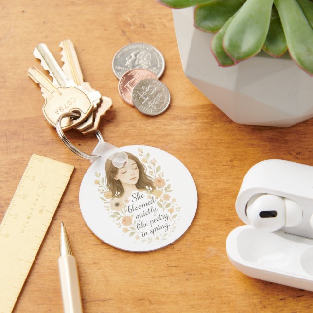 She Bloomed Like Poetry – Romantic Pastel Art Key Ring (Desk)