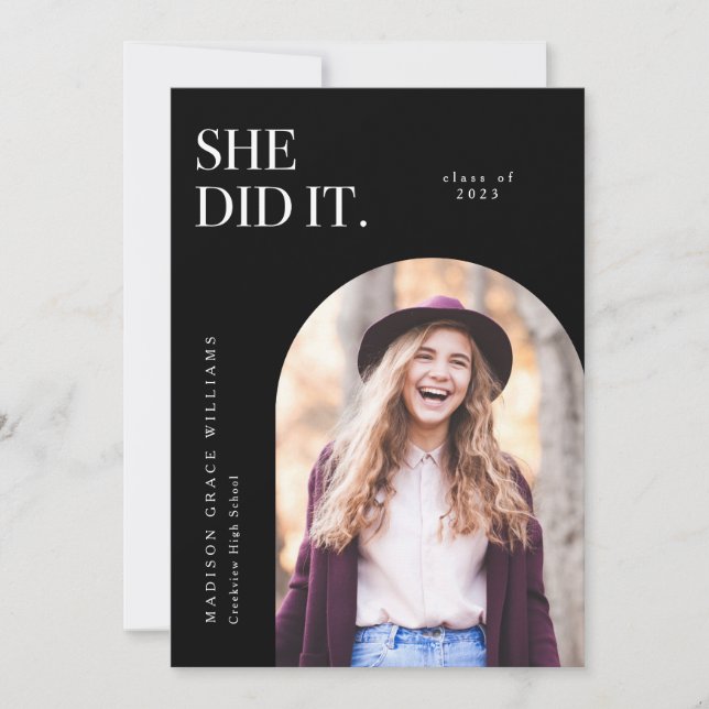 She Did It Black Arch Graduation Announcement (Front)