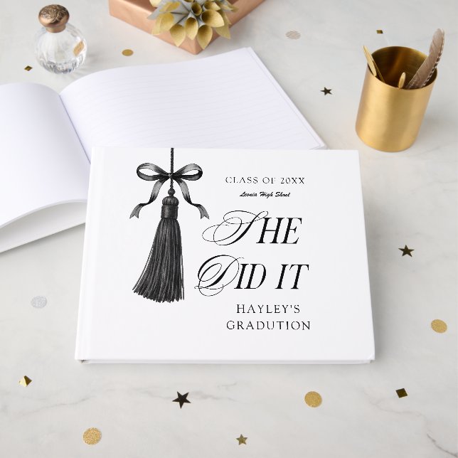 She Did It Black Bow Personalised Graduation Party Guest Book (Front Open)