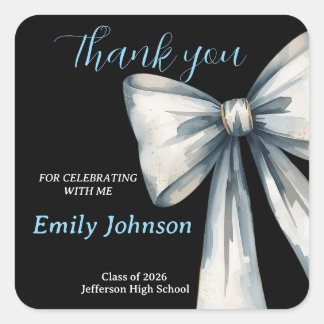 She did it Black Graduation Photo Blue Bow  Square Sticker