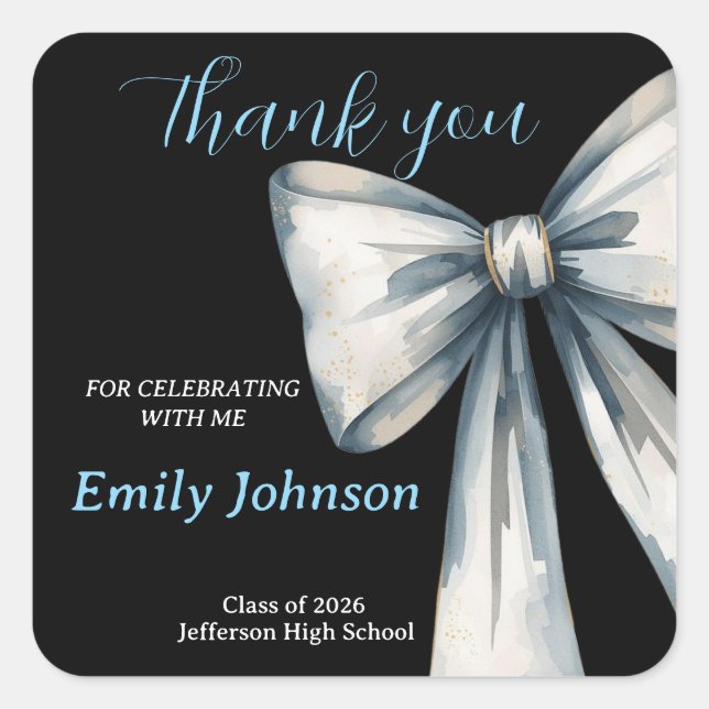 She did it Black Graduation Photo Blue Bow  Square Sticker (Front)