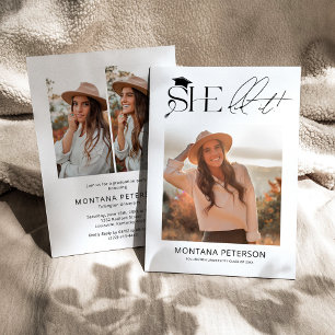 She Did It Black & White 3 Photo Graduation Party Invitation