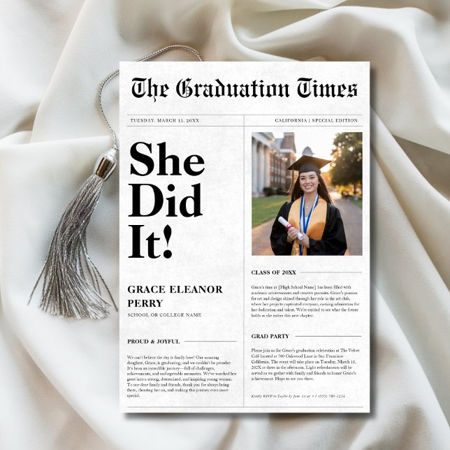 She Did it Budget Graduation Newspaper Photo Invitation (Creator Uploaded)