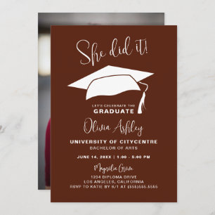 She Did It Burgundy Photo Graduation Invitation