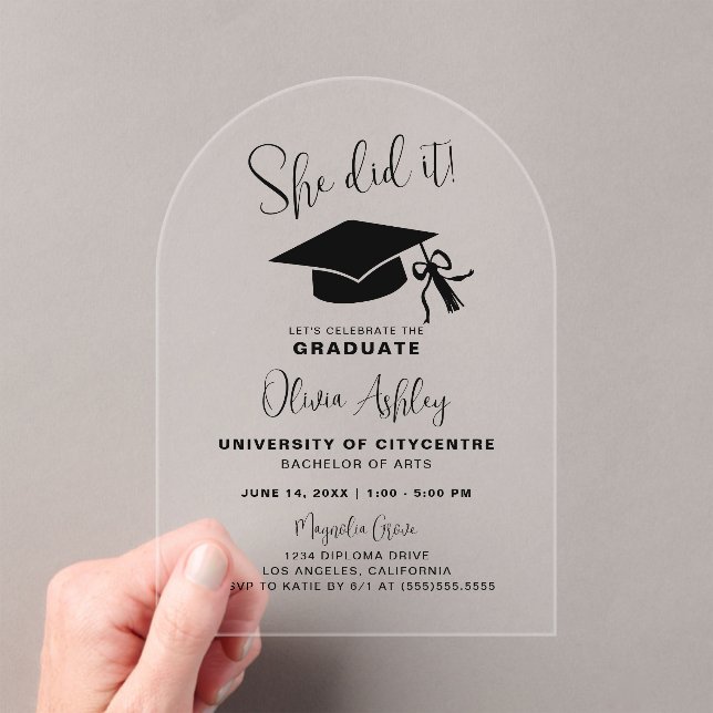 She Did It Cap Bow Graduation Acrylic Invitations (Insitu (Handheld))