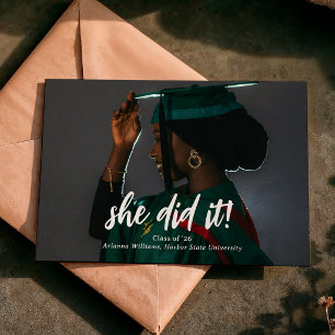 She Did It Classic Script Photo Graduation Announcement
