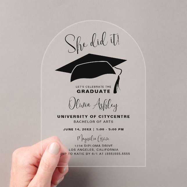 She Did It Elegant Graduation Acrylic Invitations (Insitu (Handheld))