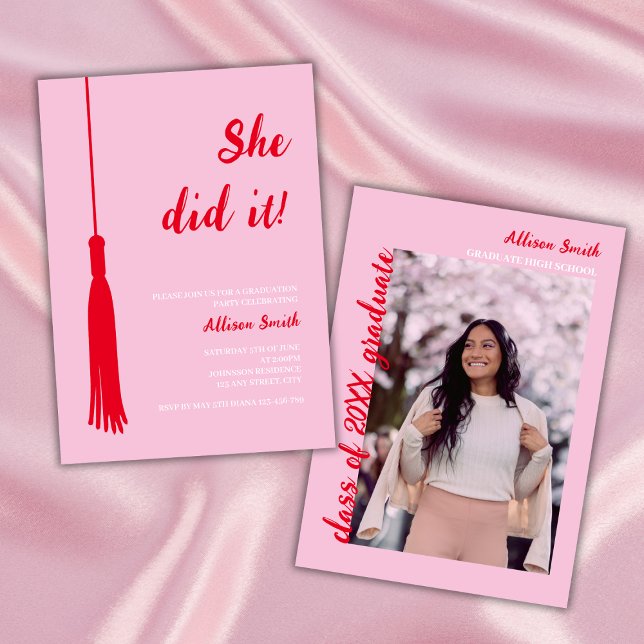 She Did It Feminine Red & Pink Photo Graduation Invitation (graduation party invitation class of 2024 photo trendy chic feminine bold red and pink grad tassel)