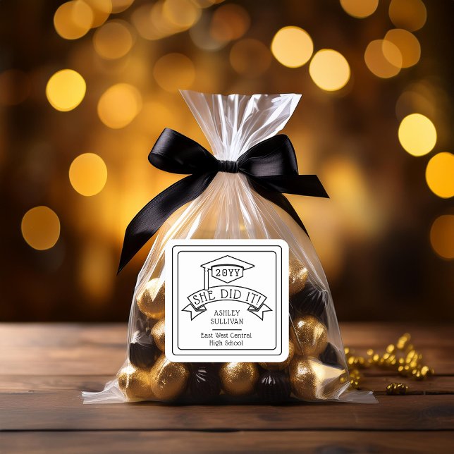 She Did It Grad Cap Graduation Name | School  Square Sticker (Black and White Grad Cap "She Did It!" Graduation Name and Class Year School Square Favor Sticker)