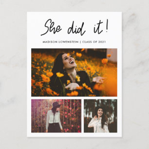 She Did It Graduate Script Three Photo Collage  Invitation Postcard