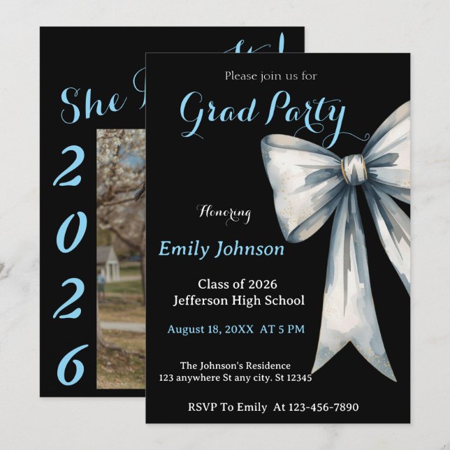 She did it Graduation invitation Photo Blue Bow  (Front/Back)