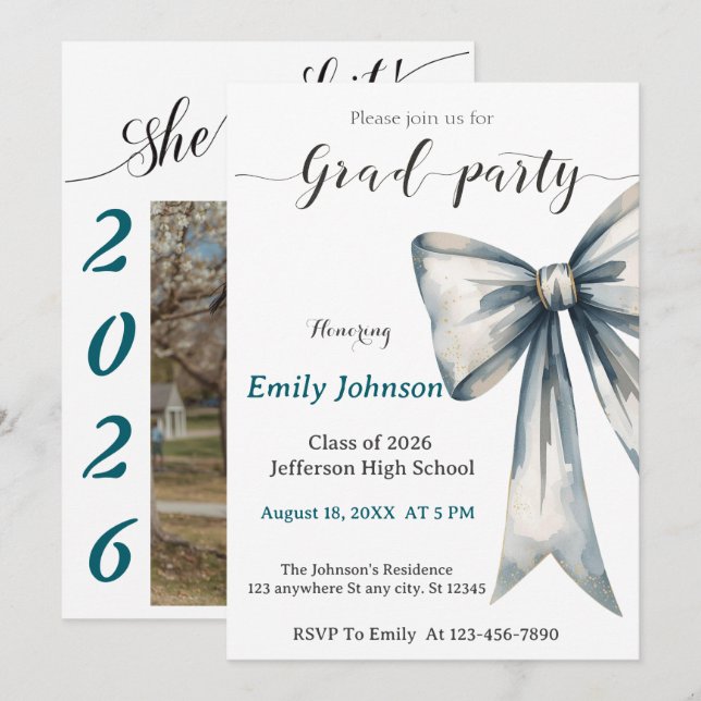 She did it Graduation invitation Photo Blue Bow  (Front/Back)