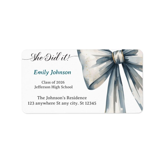 She did it Graduation invitation Photo Blue Bow  Label (Front)