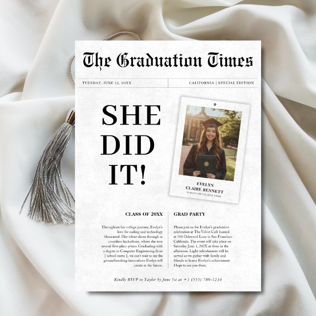 She Did It Graduation Newspaper High School Photo Invitation (Creator Uploaded)