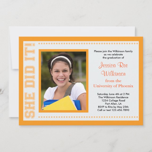 She Did It! Graduation Photo Invitation (Front)