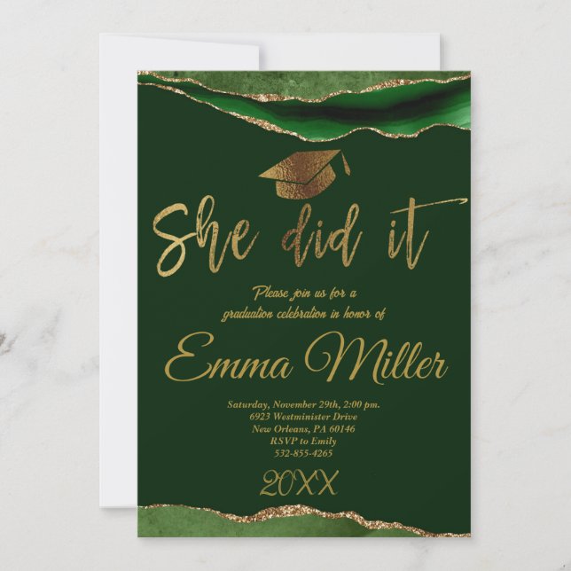 She Did It - Green And Gold Graduation Party Invitation (Front)