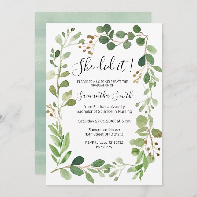 She did it Greenery Graduation Invitation (Front/Back)