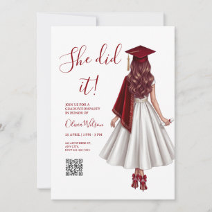 She Did It   Maroon Elegant Girl Graduation  Party Invitation