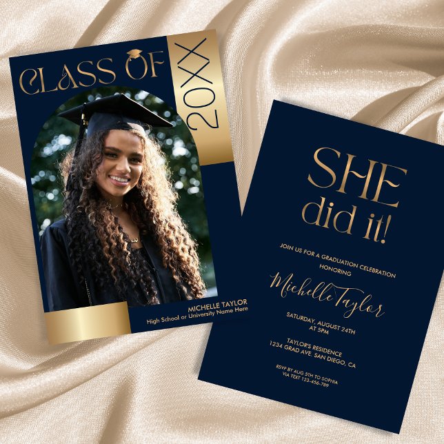 She Did It Modern Arch Photo Gold Navy Graduation Invitation (Creator Uploaded)